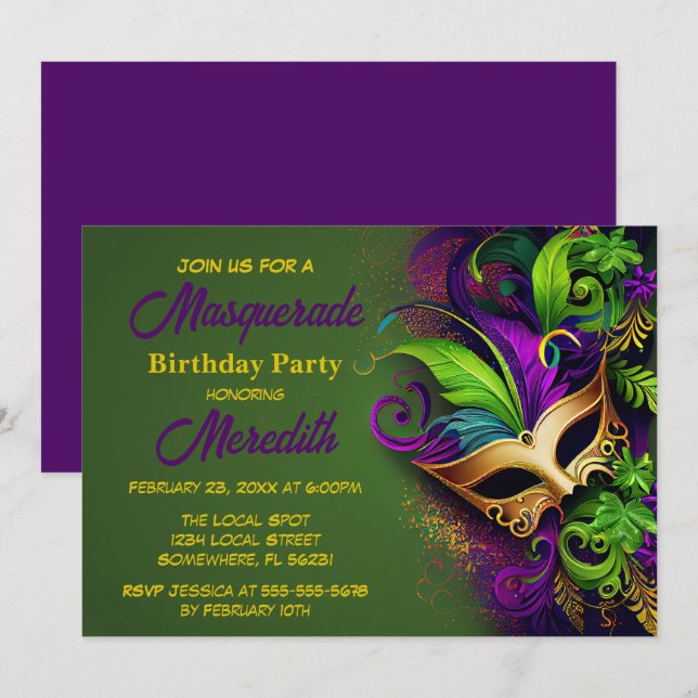 Mardi Gras Masquerade Birthday Party Invitation (Front/Back)