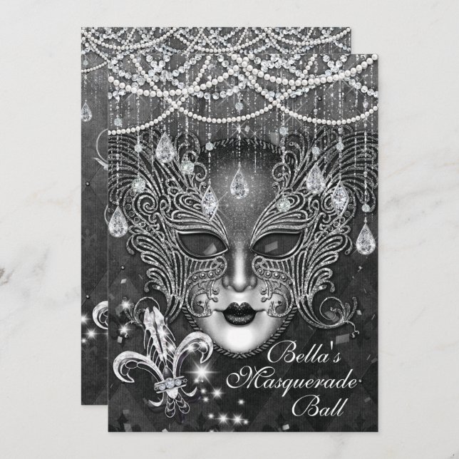 Mardi Gras Masquerade Birthday Party Invitations (Front/Back)