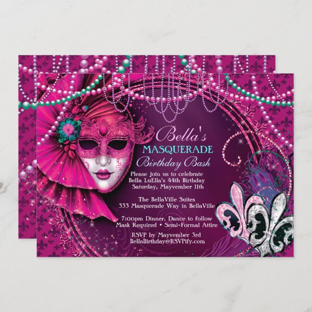 Mardi Gras Masquerade Birthday Party Invitations (Front/Back)