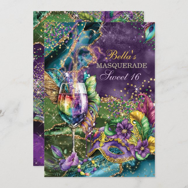 Mardi Gras Masquerade Birthday Party Invitations (Front/Back)