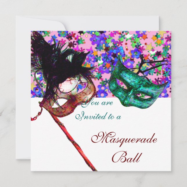 MARDI GRAS MASQUERADE & CONFETTI white pink blue Invitation (Front)