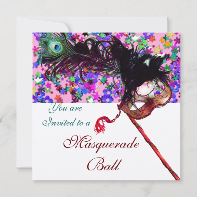 MARDI GRAS MASQUERADE & CONFETTI white pink silver Invitation (Front)