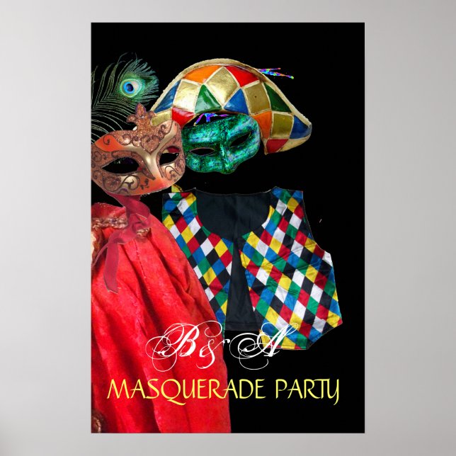 MARDI GRAS MASQUERADE ,HARLEQUIN COSTUME MONOGRAM POSTER (Front)