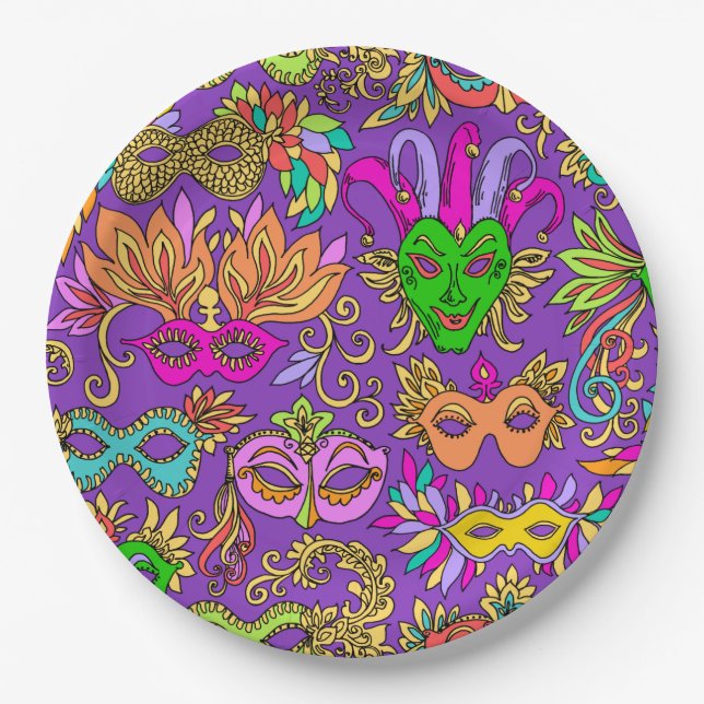 Mardi Gras Masquerade Mask Bright Purple Green Paper Plate (Front)
