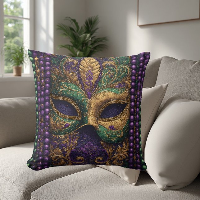 Mardi gras Masquerade Mask Gold Bead Fleur-de-Lis Cushion (Mardi gras Masquerade Mask Gold Bead Fleur-de-Lis Throw Pillow)
