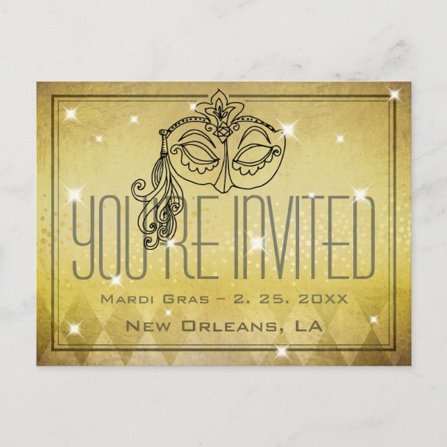 Mardi Gras Masquerade Mask Gold Invitation Postcard (Front)