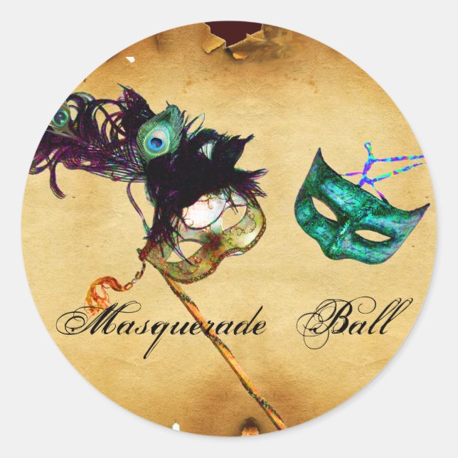 MARDI GRAS MASQUERADE parchment Classic Round Sticker (Front)