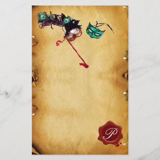 MARDI GRAS MASQUERADE Parchment Wax Seal Monogram Stationery (Front)
