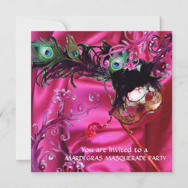 MARDI GRAS MASQUERADE PARTY, FUCHSIA SILK CLOTH INVITATION (Front)