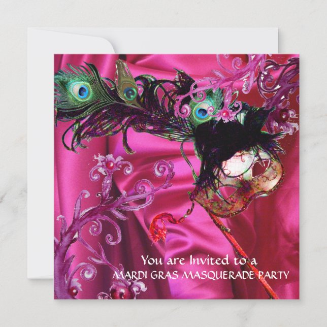 MARDI GRAS MASQUERADE PARTY, FUCHSIA SILK CLOTH INVITATION (Front)
