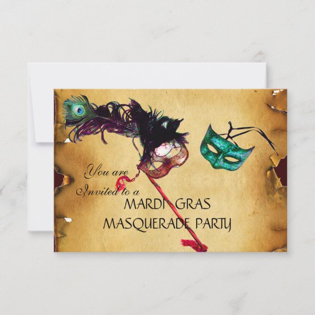 MARDI GRAS MASQUERADE PARTY, parchment rsvp Invitation (Front)
