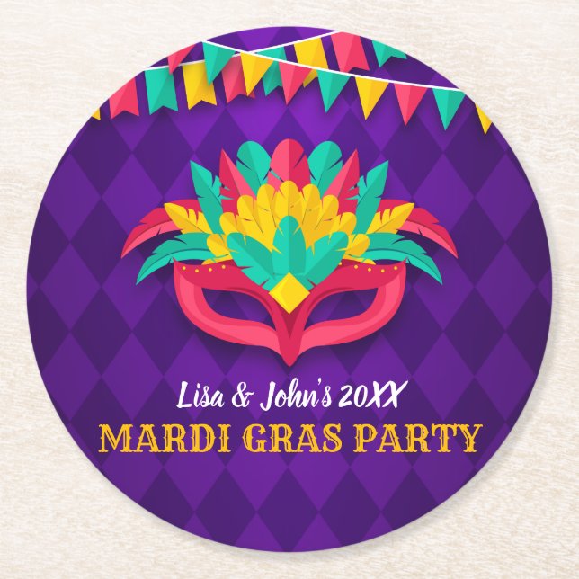 Mardi Gras Masquerade Party Round Paper Coaster (Front)