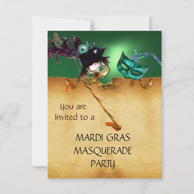 MARDI GRAS MASQUERADE PARTY, Yellow green Invitation (Front)