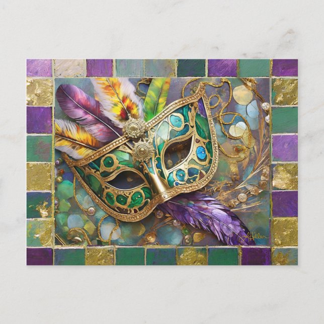 Mardi Gras Metal Ceramic Feather Mask Postcard (Front)