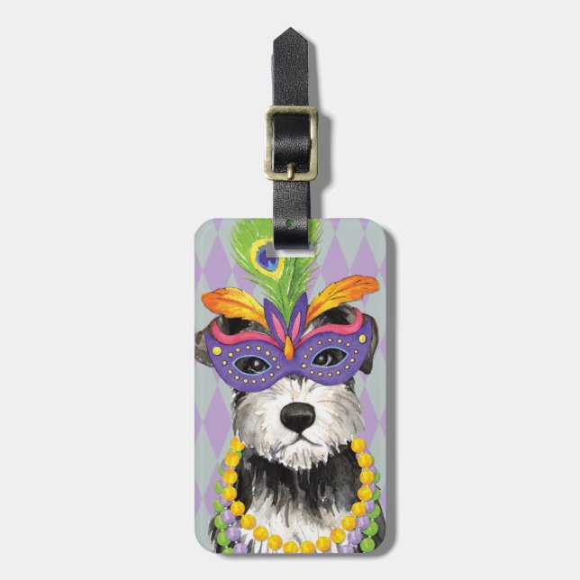 Mardi Gras Mini Schnauzer Luggage Tag (Front Vertical)