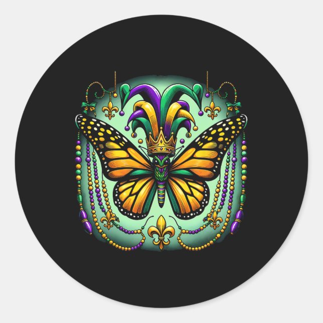 Mardi Gras Monarch Butterfly Jester  Classic Round Sticker (Front)