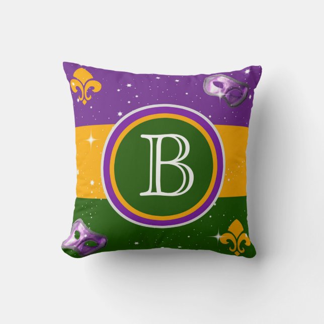 Mardi Gras Monogram Pillow w/mask and fleur de lis (Front)