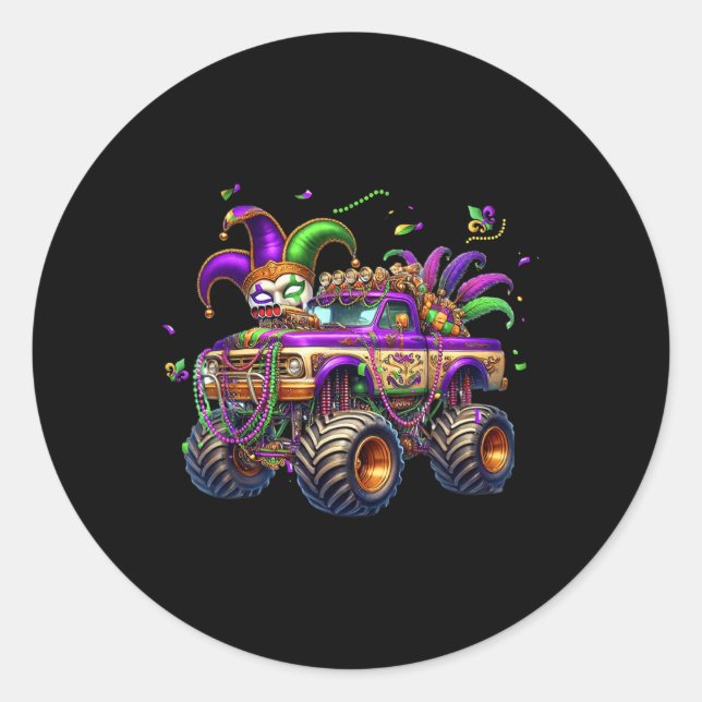 Mardi Gras Monster Truck Kids Toddlers New Orleans Classic Round Sticker (Front)