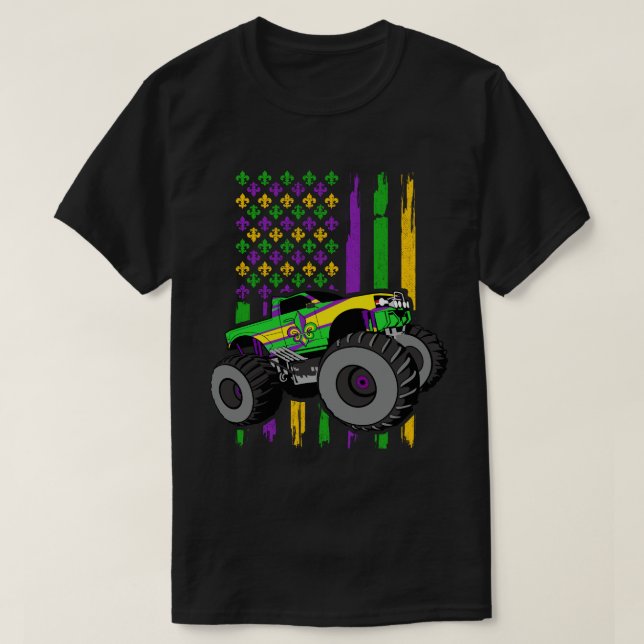 Mardi Gras Monster Truck US American Flag T-Shirt (Design Front)