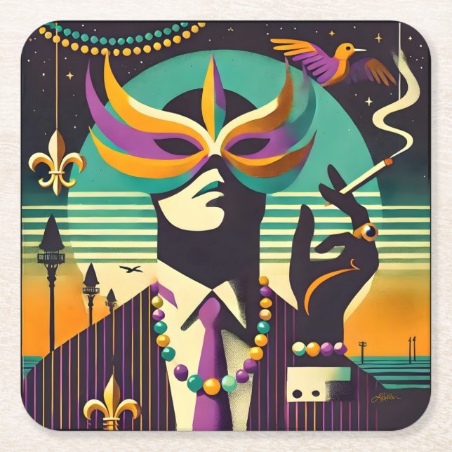 Mardi Gras Mr. Death The Smoking Man Square Paper Coaster (Front)