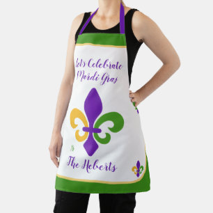 Mardi Gras NAME Green Gold Purple Fleur de Lis Apron