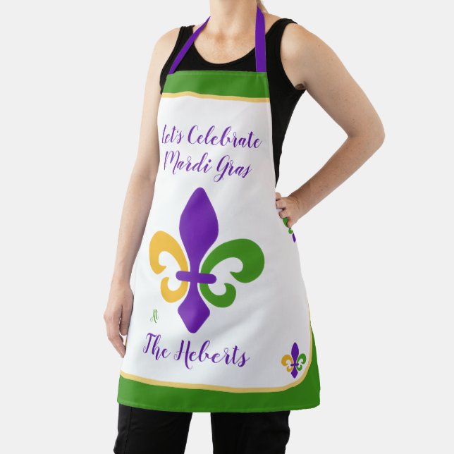 Mardi Gras NAME Green Gold Purple Fleur de Lis Apron (Insitu)