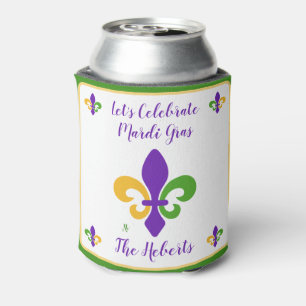 Mardi Gras NAME Green Gold Purple Fleur de Lis Can Cooler