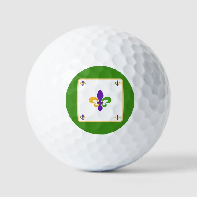 Mardi Gras NAME Green Gold Purple Fleur de Lis Golf Balls (Front)