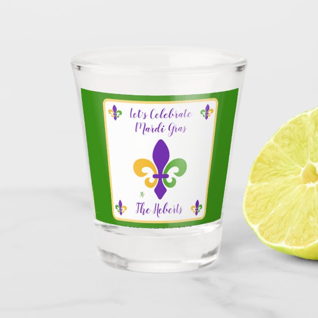 Mardi Gras NAME Green Gold Purple Fleur de Lis Shot Glass (Front)