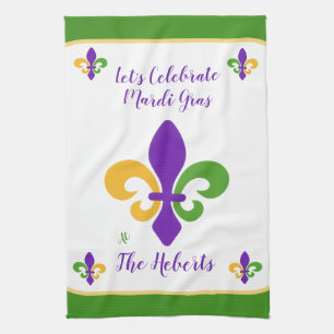 Mardi Gras NAME Green Gold Purple Fleur de Lis Tea Towel