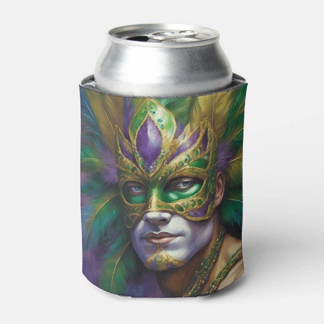 Mardi Gras New Orleans Add Name Man Mask Blue Eyes Can Cooler (Can Front)