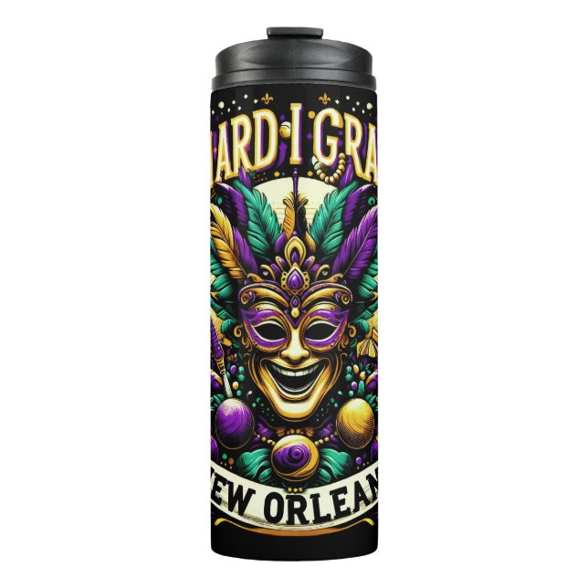 Mardi Gras New Orleans Jester Mask Design Thermal Tumbler (Front)