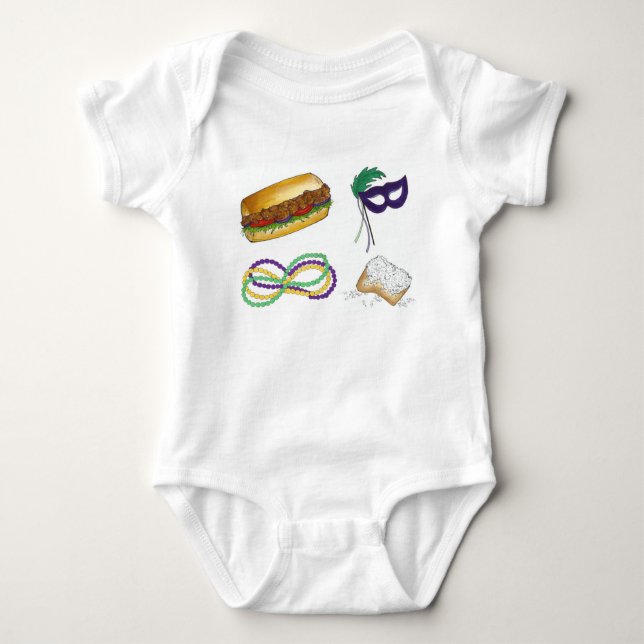 Mardi Gras NOLA New Orleans Mask Beads Beignet Baby Bodysuit (Front)