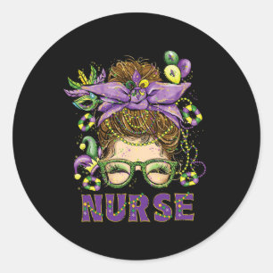 Mardi Gras Nurse Messy Bun Mask Beads Funny Mardi Classic Round Sticker