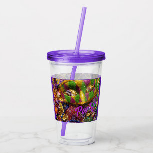Mardi Gras Party Drink Glass Straw Custom Text