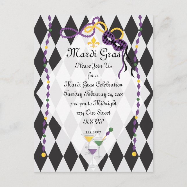 Mardi Gras Party Invitation Postcard (Front)