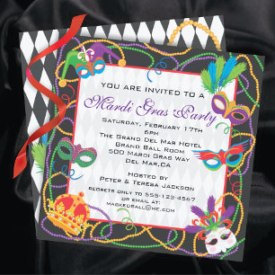 Mardi Gras  Party Invitation with Masks and Beads