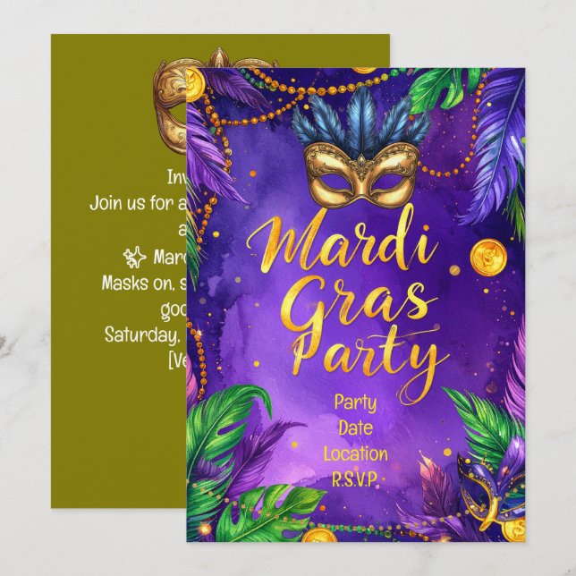 Mardi Gras Party – Let the Good Times Roll Invitation (Front/Back)