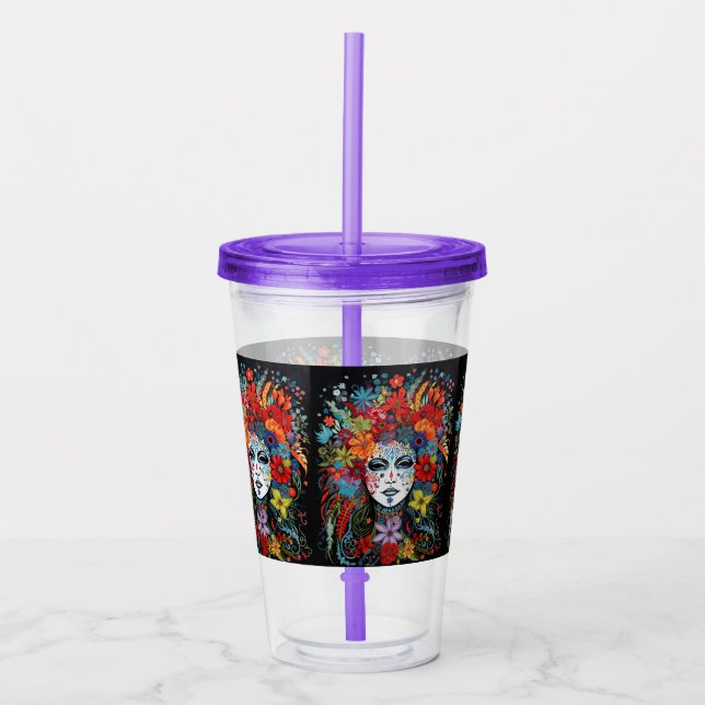Mardi Gras Party Mask & Headdress Purple Straw & Acrylic Tumbler (Front)