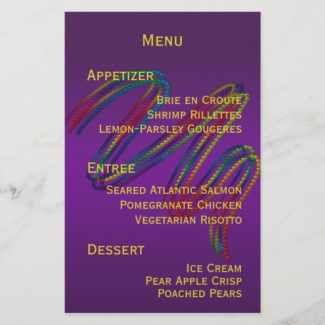 Mardi Gras Party Menu Stationery (Front)