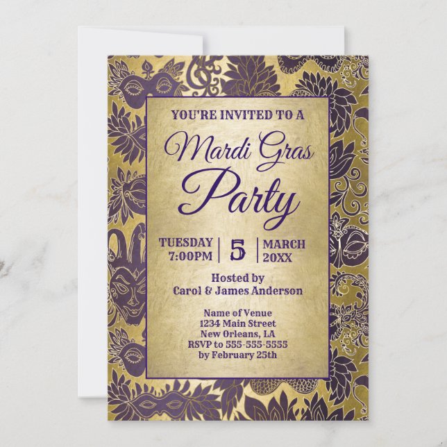 Mardi Gras Party Purple Faux Gold Mask Back Info Invitation (Front)