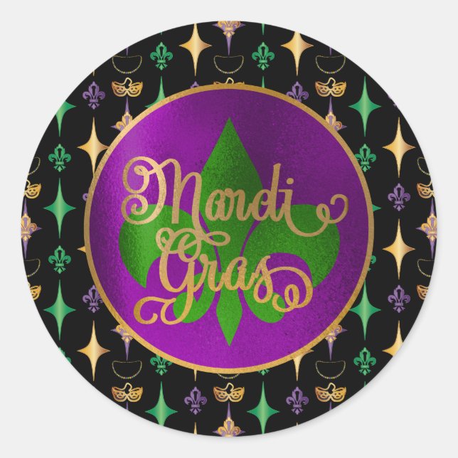 Mardi Gras Pattern with Beads on Black Classic Round Sticker (Front)