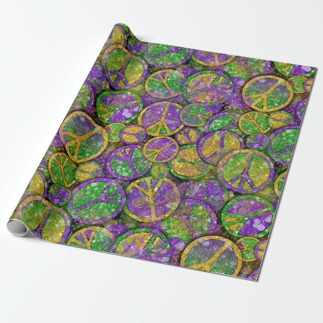 Mardi Gras Peace Signs in Purple Green and Gold Wrapping Paper (Unrolled)