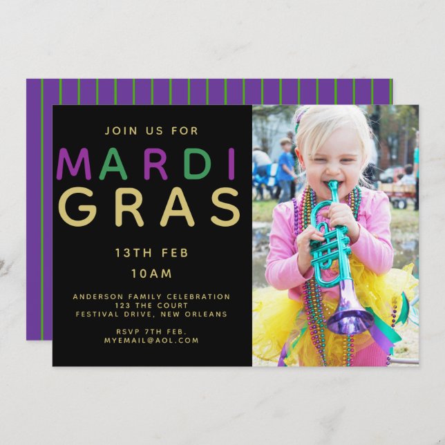 Mardi Gras Photo Invitation - Modern Purple Green (Front/Back)