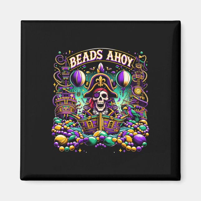 Mardi Gras Pirate Beads Ahoy Ship  Magnet (Front)