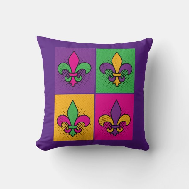 Mardi Gras Pop Art Fleur de Lis Cushion (Front)