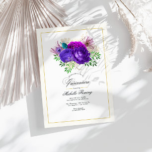 Mardi Gras Purple and Hot-Pink Floral Quinceañera Invitation