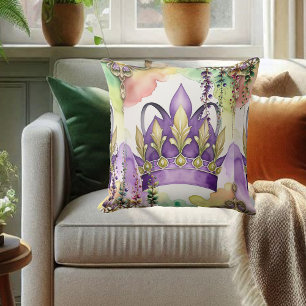 Mardi Gras Purple Crown Green & Gold Watercolor Cushion