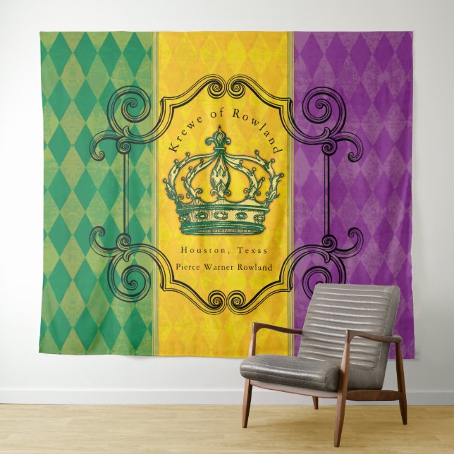 Mardi Gras Purple Gold Green Crown Family Name Tapestry (In Situ (Horizontal))