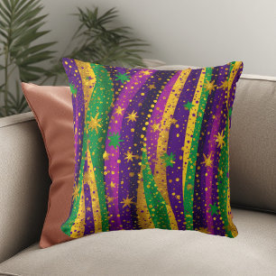Mardi gras Purple Green Gold Stars Stripes Vibrant Cushion